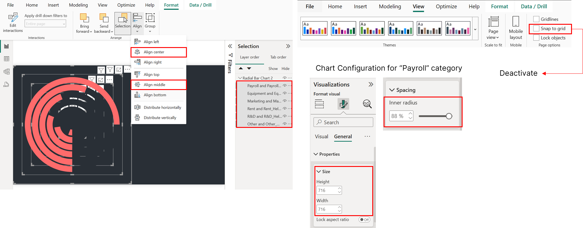 Power BI's Format ribbon with Align centre and Align middle chosen, the Selection pane listing the stacked radial charts, and each one sized 716 by 716 with an 88% inner radius